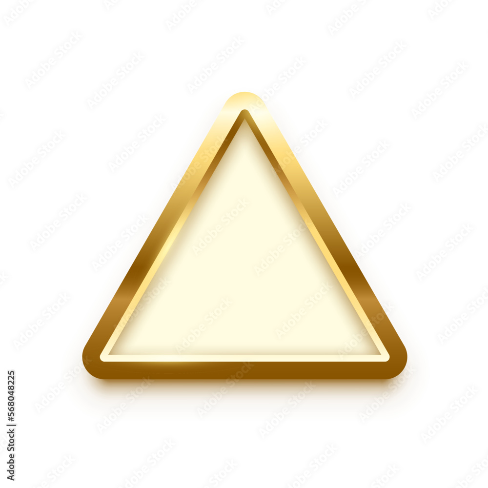 Poster white button in triangle gold frame vector illustration. 3d realistic shiny metal golden object on p