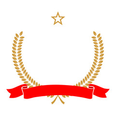 Yellow laurel wreath with star and red ribbon icon vector illustration. Winner award with leaves silhouette, trophy, gold certificate or birthday congratulation for ceremony isolated on white