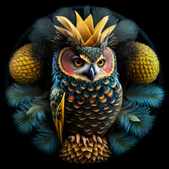 an owl hybrid with a pinecone on its head, a colorful pineapple Owl Hybrid, a beautiful owl artwork illustration digital art, AI arts, AI generated