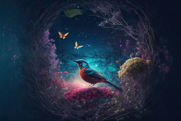 Cosmic birds, fantastic garden, fantasy bird