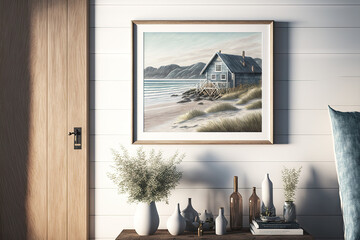 mock up frame with a warm coastal home interior as a backdrop,. Generative AI