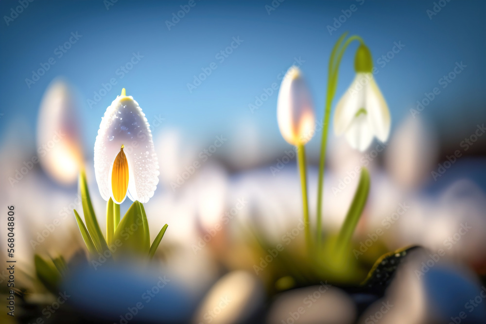 Poster the first spring flowers snowdrops on the snow in nature in the rays of sunlight close-up macro. gen