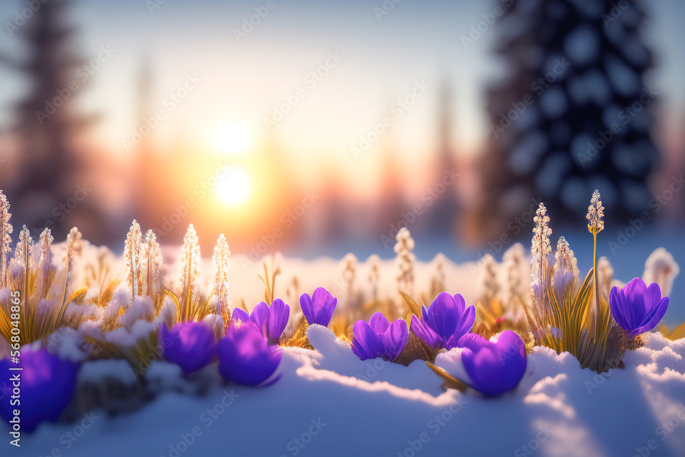Aufkleber spring landscape with first flowers purple crocuses on the snow in nature in the rays of sunlight. g