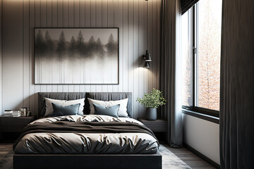 Grey and beige bedding, a gray carpet, and black wooden blinds are used in the interior design of contemporary bedrooms. space in the front. Generative AI