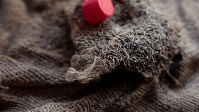 Zeera Cumin seeds (Cuminum cyminum)  in a wicker basket along with its oil on a gunny bag surface 
