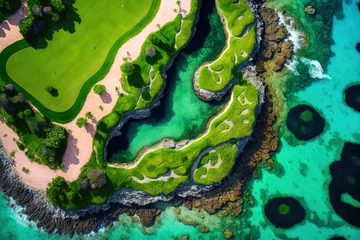 Poster Aerial drone shot of a golf course at Cap Cana, Punta Cana, Dominican Republic, with spots of seaweed (algae) on the water's surface. Generative AI © 2rogan