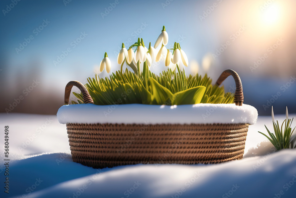 Poster wicker basket with spring first flowers snowdrops on the snow on a bright sunny day. generated ai.