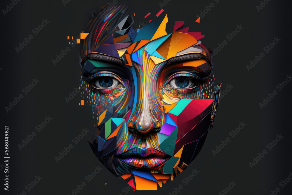 Poster dark background with a digitally abstracted human face. slices of a futuristic face in various color