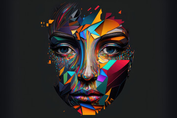 Fototapeta na wymiar Dark background with a digitally abstracted human face. Slices of a futuristic face in various colors. Artificial intelligence, the metaverse AI theory. Generative AI
