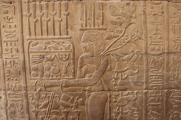 Beautiful ancient egyptian carving (offerings presentation) at Kom Ombo temple in Aswan 