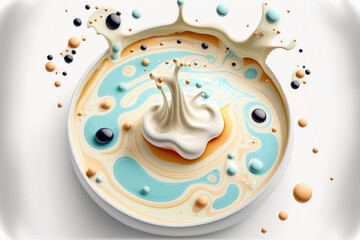 Milk pool is splashed with fresh milk. An aerial picture with a white background. Generative AI