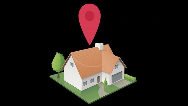 Animation loop of a red map location marker hopping on the roof of a residential house in the middle of its garden with alpha channel