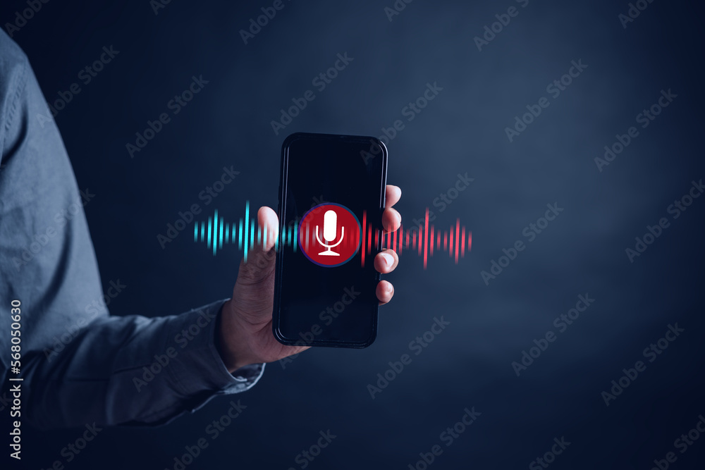 Poster Businessman voice recording the conversation via smartphone with customers, telemarketing, consulting, voice assistance access to information and applications, write a message and send a message.