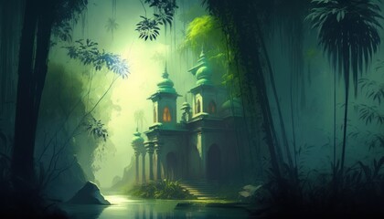 Hidden Temple deep in the Jungle, Concept Art, Digital Illustration, Generative AI