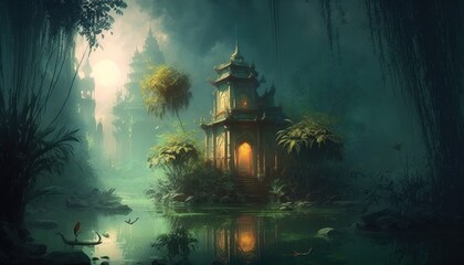 Fototapeta na wymiar Hidden Temple deep in the Jungle, Concept Art, Digital Illustration, Generative AI