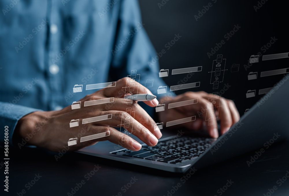 Poster Document Management System, online documentation database and process automation to efficiently manage files, documentation in enterprise with ERP. Corporate business technology, DMS