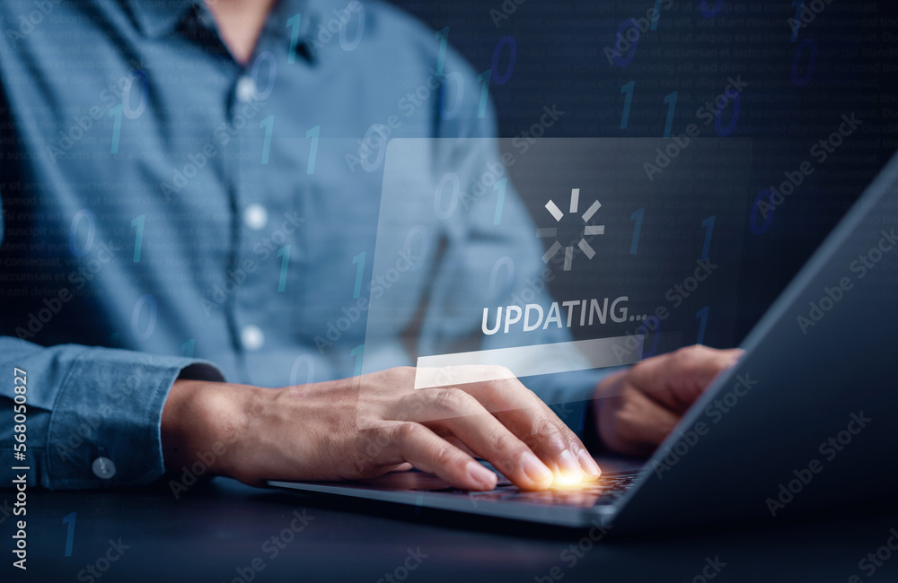 Aufkleber Update software system in computer. Man using smartphone upgrade program, Business technology internet loading virtual bar with installing the update for the quality better.