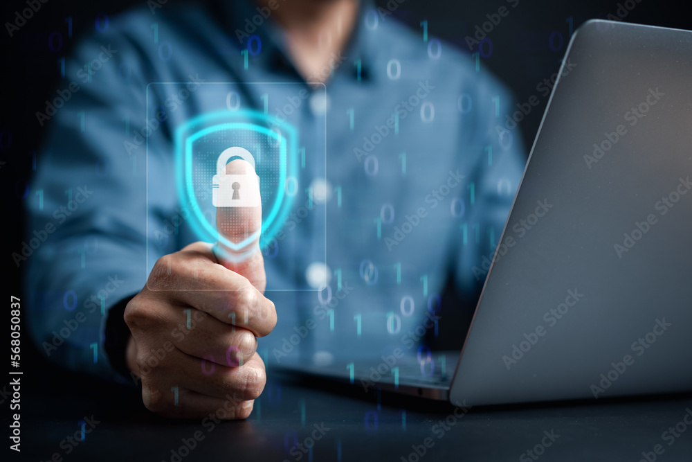 Poster Cybersecurity and privacy concepts to protect data. businessman with internet network security technology. Businessman locking personal data on computer with virtual screen interfaces. cyber security.