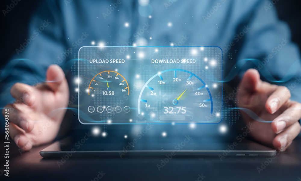 Poster Fast internet connection speedtest bandwidth network technology, Man using Internet high speed by smartphone and laptop computer, 5G quality, speed optimization.