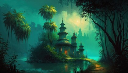 Fototapeta premium Hidden Temple deep in the Jungle, Concept Art, Digital Illustration, Generative AI