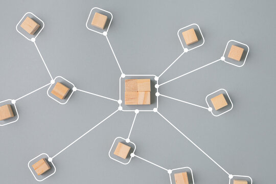 Wooden Cube Block Arrange For Management Thinking Diagram On Grey Background. Business Process And Workflow System Concept.