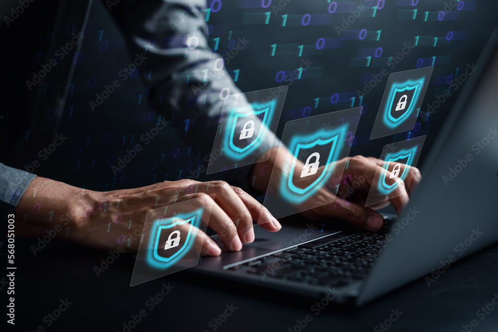 Poster Cybersecurity and privacy concepts to protect data. businessman with internet network security technology. Businessman locking personal data on computer with virtual screen interfaces. cyber security.