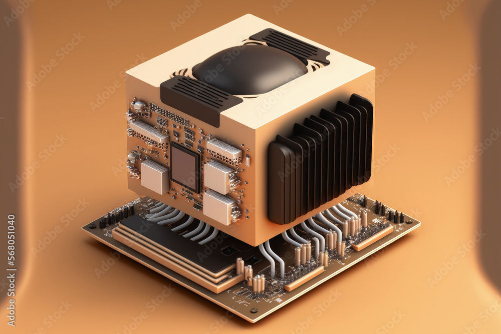 Poster concept ai cpu placed on a brown background, components have ram rom speed customization(not an illu