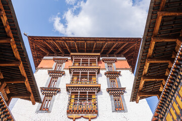 Interior of the Rinpung Dzong (Paro Dzong). It is a Buddhist monastery and fortress set in the Paro valley, Bhutan.