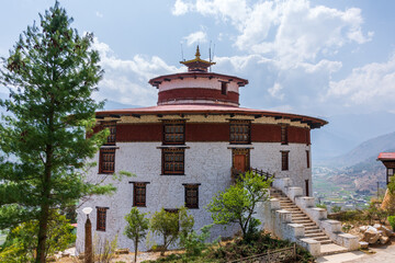 Exterior view of the national museum of Bhutan in the ancient Ta-Dzong building. The museum is in the city of Paro, Bhutan.