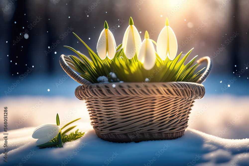 Aufkleber Wicker basket with spring first flowers snowdrops on the snow on a bright sunny day. Generated AI.