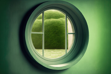 isolated glass window on green background View from inside a luxurious room. Generative AI