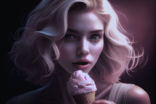 A blonde woman eating a strawberry ice cream. Generative AI. (3)
