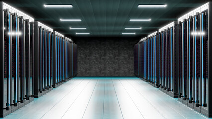 network and internet communication technology concept, data center interior, server racks in a server room - 3D Illustration