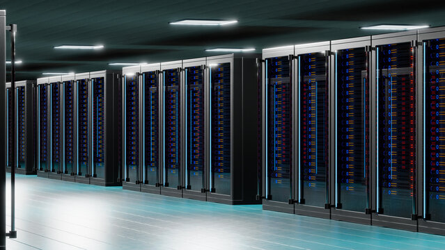 network and internet communication technology concept, data center interior, server racks in a server room - 3D Illustration