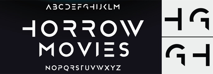 HORROW MOVIES Modern Bold Font. Regular Italic Number Typography urban style alphabet fonts for fashion, sport, technology, digital, movie, logo design, vector illustration