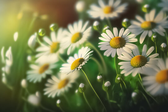 Beautiful blurred spring floral background nature. Spring or summer nature scene with blooming daisies, chamomile spring background nature on a sunny day. generative AI
