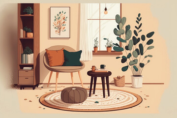 Neutral concept of living room interior with design wooden chair, round carpet, dried flowers in vase, stool, slippers, decoration and elegant personal accessories. Template. Copy space. Generative AI