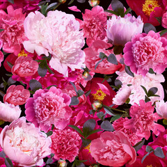 pattern of garden peonies. beautiful flowers on a black background. emplate for fabrics, textiles, paper, wallpaper, interior decoration.