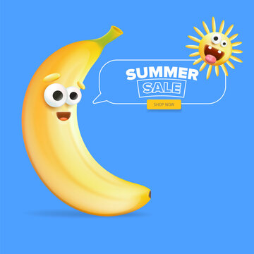 Summer sale funny square banner with cartoon sun and funky banana character isolated on summer blue background. Vector 3d horizontal summer hot sale poster, flyer, banner, tag and background