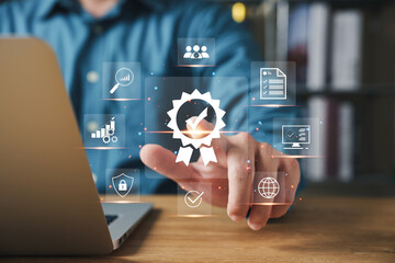 business people touching their fingers Symbol of leading services ISO Certification Document Management System, quality assurance, guarantee.