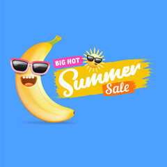 Obraz na płótnie Canvas Summer sale funny square banner with cartoon sun and funky banana character isolated on summer blue background. Vector 3d horizontal summer hot sale poster, flyer, banner, tag and background