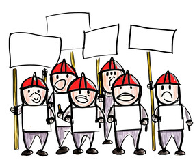 Group of protesters and firefighter activists holding signs against a political reform or important cause. Vibrant vector illustration captures the message of solidarity.
