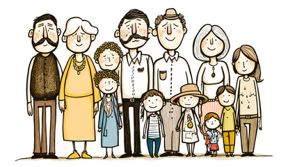 A generational portrait depicting a large, close-knit family. Detailed graphic vector ideal for representing the importance of family.