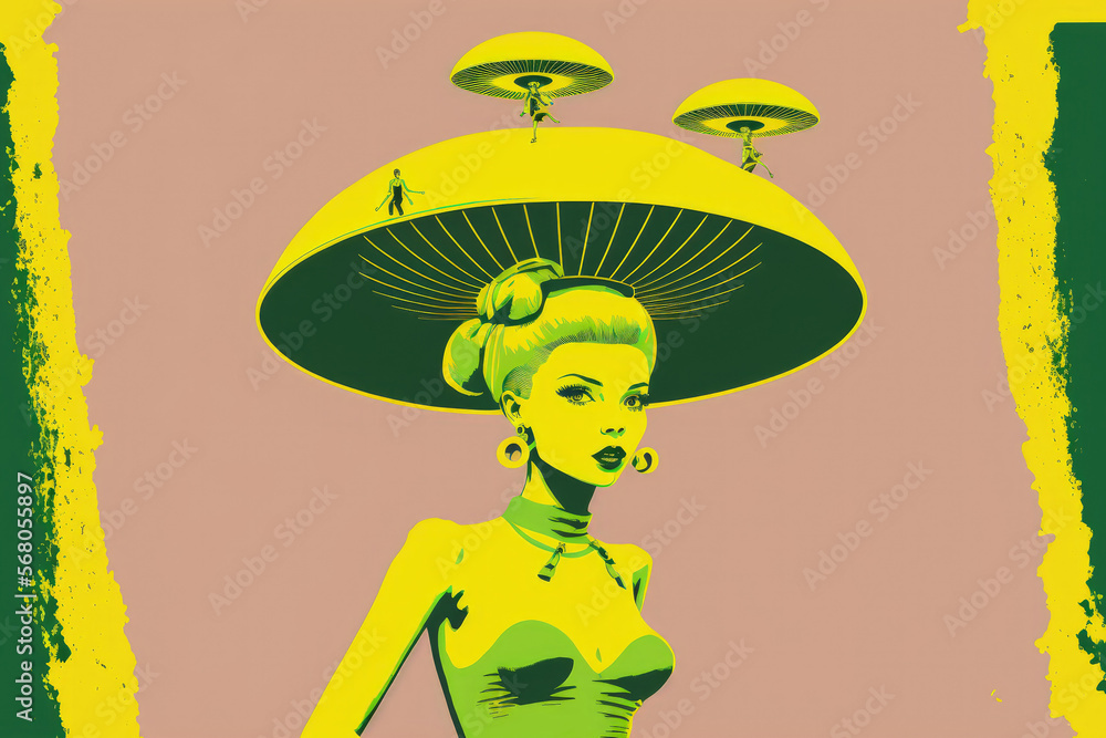 Sticker On a yellow background, a stunning dancer with a chic green hat appears as a UFO. Text and advertising copy space. modern style. concept driven, vibrant art collage. trendy, weird, and retro styled