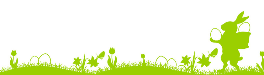 Happy easter holiday background banner panorama vector illustration for logo - Green silhouette of Easter bunny with basket on back and easter eggs on spring meadow, isolated on white background