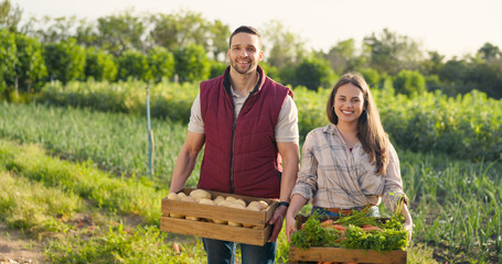 Vegetables box, agriculture and farmer couple portrait in countryside lifestyle, food market production and supply chain. Agro business owner people, seller or supplier with green product harvest