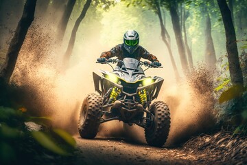 Extreme quad cross MX Rider riding on dirt track ,forest one the background, Generative ai - obrazy, fototapety, plakaty
