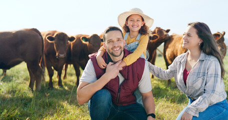 Fototapeta premium Agriculture, cattle and family with love for sustainability, animal farming and agro business owner lifestyle with grass field. Countryside father, mother and child with cows for beef, meat industry