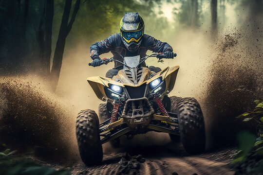 Extreme quad cross MX Rider riding on dirt track ,forest one the background, Generative ai
