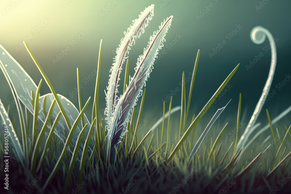 Poster view of the grass with frost on it up close. generative ai